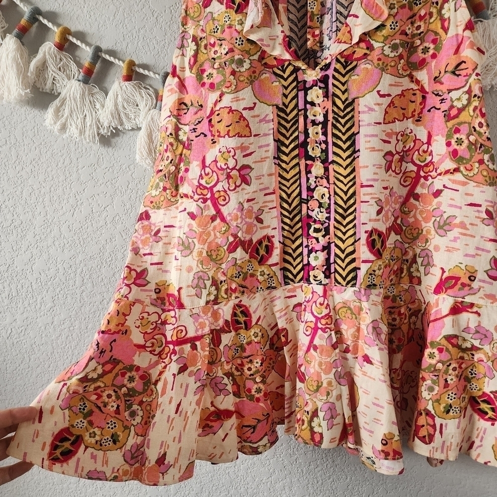 Free People Summer In Tulum Linen Blend Pink Floral Ruffle Mini Dress Boho M - Picture 7 of 9